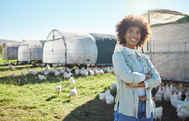 Agriculture, portrait and black woman leadership, proud and farming in sustainable chicken, free...
