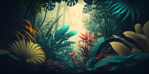 Fototapeta na wymiar Arrière plan, fond d'écran de forêt, feuille et nature, format panoramique, IA générative