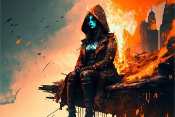 person in the fire art illustration