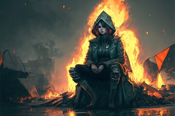 person in fire art illustration