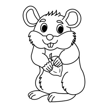 Cute Cartoon Hamster for Coloring Page. Vector Illustration of a Funny Hamster with Nut