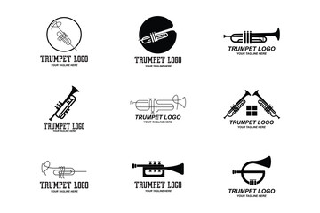 Trumpet logo design, generate melody, musical instrument vector sketch illustration © Mayliana