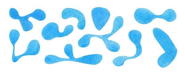 Set of colorful blots. Watercolor blue illustrations. Hand drawn isolated  spots.