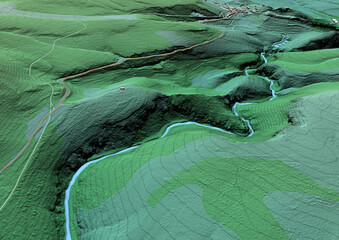 Vue aérienne de paysage vallonné et méandre de rivière en territoire montagneux - Rendu 3d modèle numérique de terrain avec courbes de niveau