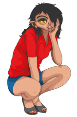 Caricature d'une fille en short accroupie