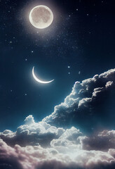 Obraz na płótnie Canvas starry sparkly night sky with white clouds dreamy moon. Generative Ai.
