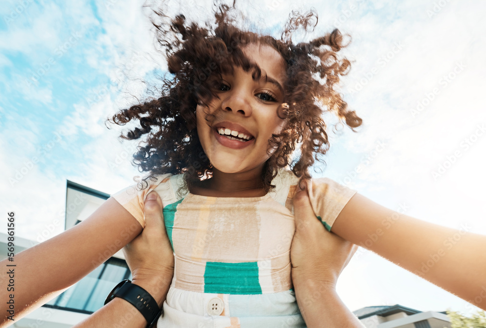 Poster Portrait, children and pov with a black girl in the hands of her father outdoor in the garden of their home together. Love, fun or kids and a female child playing with a parent in the backyard