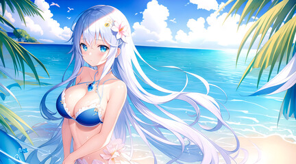 Obraz premium Sexy anime japanese girl big blue eyes on sea. Generative AI