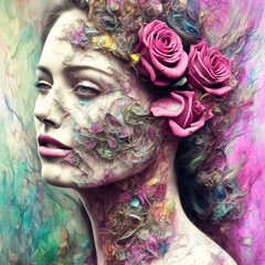Portrait beautiful goddess woman in flowers. a fake person. Generative AI
