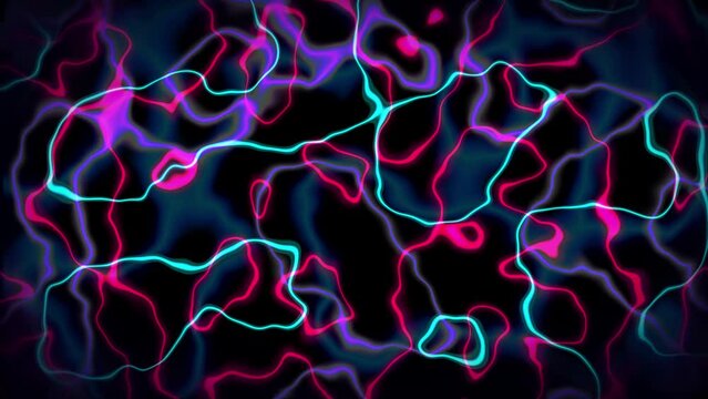 Wavy liquid neon lines pattern seamless animation on dark background. Loop motion graphics of abstract blue magenta curve. Minimalist technology background concept