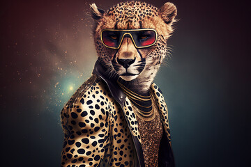 African cheetah in disco clothes, concept of Fashionable Expression and Animal-Inspired Outfit, created with Generative AI technology - obrazy, fototapety, plakaty