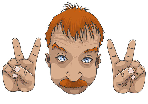 T&ecirc;te d'un homme moustachu faisant des gestes avec les mains