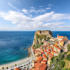 Fototapeta na wymiar Awesome seaside and village Scilla with old medieval castle on rock Castello Ruffo