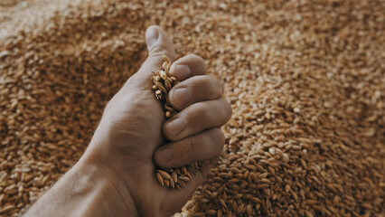 A human hand holds a handful of grain on a wheat background