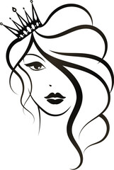 The silhouette of a beautiful girl with curls of hair and a crown. Design for hair care hair salon
