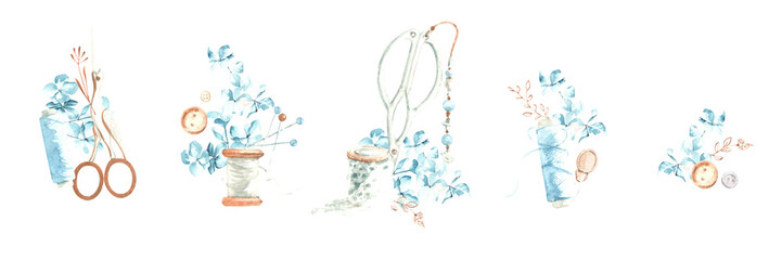 Set for embroidery and sewing. Hand drawn watercolor vintage scissors, pins, needles, spools of thread, floss, flowers. Handmade illustrations.