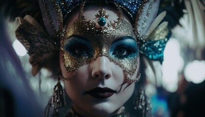 Fototapeta na wymiar Beautiful woman in carnival outfit wearing carnival mask Mardi Gras illustration generative ai