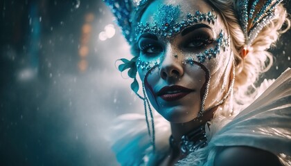 Fototapeta premium Beautiful woman in carnival outfit wearing carnival mask Mardi Gras illustration generative ai