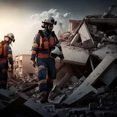 Fotobehang Equipos de rescate , buscando personas entre los escombros ,  bomberos , policía, ejercito , ambulancias en una tragedia por un terremoto con derrumbes de edificios y gente sepultada, generada con IA. © Tonikko