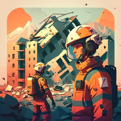 Equipos de rescate , buscando personas entre los escombros ,  bomberos , policía, ejercito , ambulancias en una tragedia por un terremoto con derrumbes de edificios y gente sepultada, generada con IA. - obrazy, fototapety, plakaty