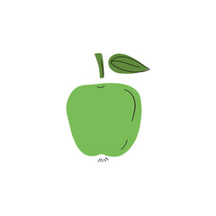 Simple green apple flat drawing with black lines isolated on white background. Hand drawn vector cartoon doodle illustration with leaf. Juicy, healthy, vitamin, diet, fruit, nutrition, children.