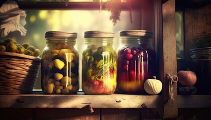 Eingelegtes Obst und Gemüse in Einmachgläsern auf einem Holzregal mit Lichteinfall, Generative AI