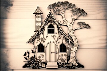 fairy house silhouette svg fine lines on a white background. Generative Ai