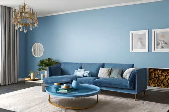 Contemporary Residential Living Room, Background Wall Color Powder Blue © Hannan Design Studio