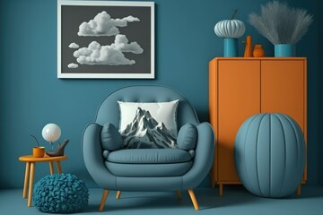 Grey armchair and pouf in living room interior with wooden cupboard against blue wall with posters. Generative AI