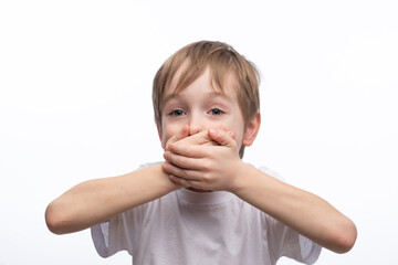 Portrait of happy little boy on white background