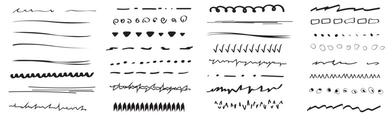 A set of wavy horizontal artistic brushes.Doodles, ink brushes. Set of vector grunge brushes. Collection of marker strokes.