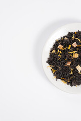 Black tea top view on white background