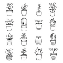 Potted Plant Doodle vector icon set. Drawing sketch illustration hand drawn line eps10