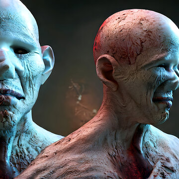 &Auml;ngstliche, verst&uuml;mmelte menschliche Wesen. Dystopische Darstellung vom Ende der Welt.  Biopunk