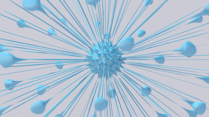 Blue cell. Virus concept. Gray background, close-up. Abstract illustration, 3d render.