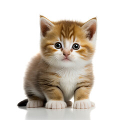 Obraz premium Funny brown kitten with beautiful big eyes posing on a white background. Lovely fluffy cat. Free space for text. Generative AI