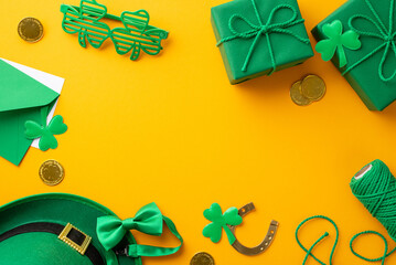 Top view photo of leprechaun cap present boxes gold coins envelope with postcard spool of twine...
