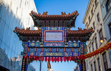 Chinatown entrance gate in traditional Chinese design in London, England, United Kingdom. 