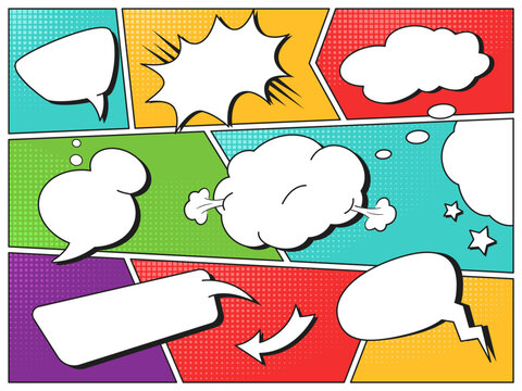 Comic magazine dialogue layout. Comic book grid with popping speech balloons frames, pop art vector template