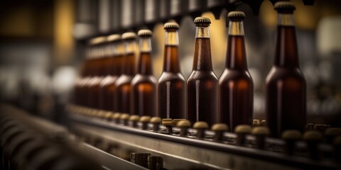 Brown glass beer bottles on the line. production line in factory. Generative AI