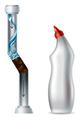 Clogged pipe drain and cleanser bottle. Blank container with sanitary chemical liquid. Canalization tube with water splash. Plumbing clog repair