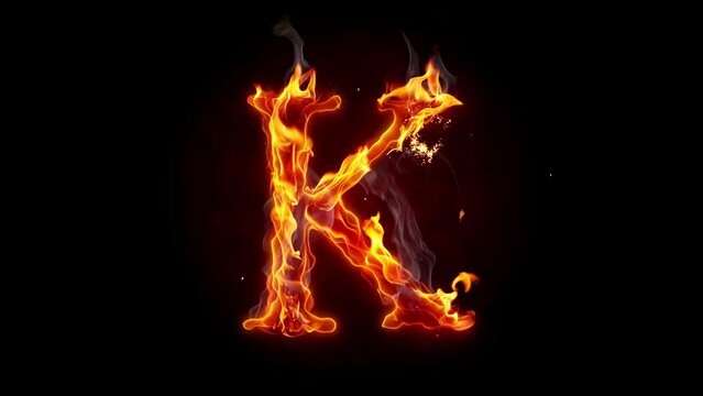 Fire letter. Burning alphabet. Real flames, sparks and smoke in slow motion isolated on black background.