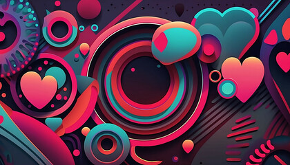 Fototapeta premium neo retro shapes hearts abstract pattern background new quality universal colorful joyful holiday creative stock image illustration wallpaper design, Generative AI