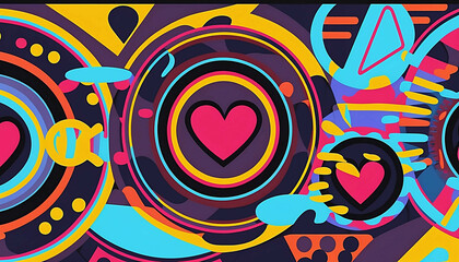 neo retro shapes  hearts abstract pattern background new quality universal colorful joyful holiday creative stock image illustration wallpaper design, Generative AI
