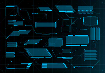 Futuristic callout title banners. Digital frame boxes, cyberpunk style description background and cyber tech HUD info screen pop-up bar vector set