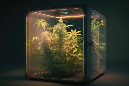 Cannabis growbox concept, marijuana plant flowering in box generative ai