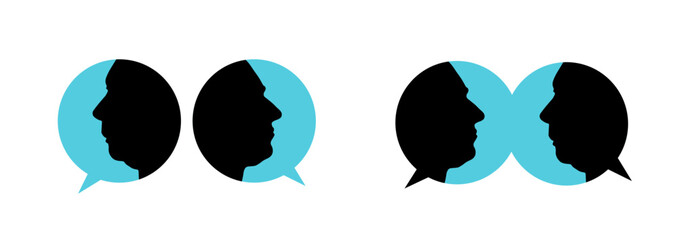 Symbol mit menschlicher kopfsilhouette, Diskussion, Konversation, Konzept Kommunikation. mann und frau sprechen miteinander. Personen wenden sich voneinander ab, Therapie, Profilansicht 