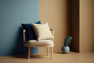 a soft beige chair with a blue cushion next to a blue and brown wall - Generative AI