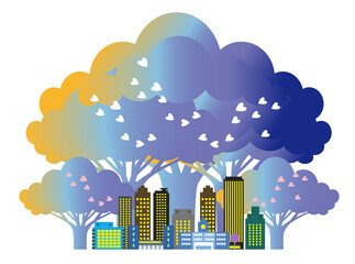 Obraz premium 桜咲く春の美しい街並みと暮らしの風景。人々が明るく暮らせる自然と住宅が溶け込む街づくり。