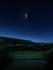 Fototapeta na wymiar Crescent Moon in starry night sky over green fields and hills. A fabulous night landscape.